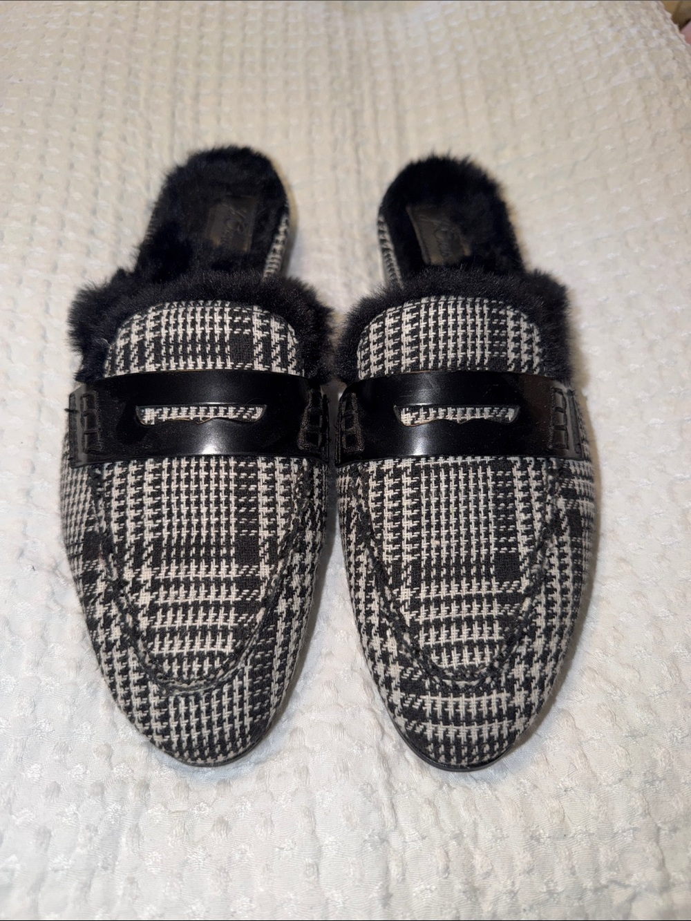 J. Crew Black & White Plaid Fur lined Slip-On Mules Like New Size 8